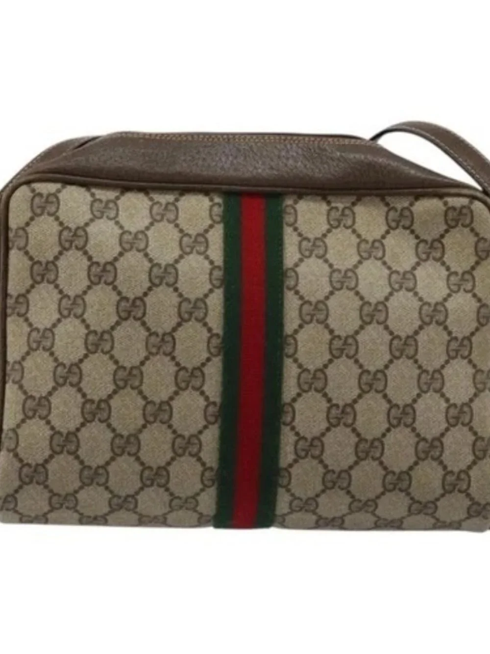 GUCCI GG Supreme Web Sherry Line Shoulder Bag PVC Beige Gold Auth 180803